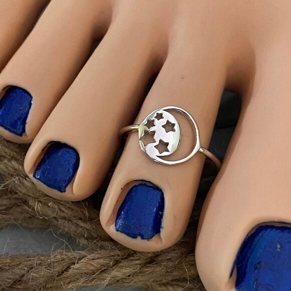 Moon And Stars Sterling Silver Toe Ring Midi Ring - Picture 3 of 4